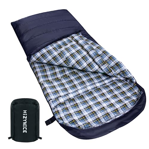 HiZYNICE Sleeping Bags for Adults XXL Cold Weather | 100% Cotton Flannel Winter Camping Large 90 x 39 in,Compression Sack Included - color: Navy Blue, size: 0F Left Zip