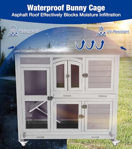 2-Story Rabbit Hutch with Wheels, Bunny Cage with Two Deepened Leak-Proof Trays, Indoor Outdoor Guinea Pig Cage with Waterproof Asphalt Roof - Grey - color: 44"L Grape Purple