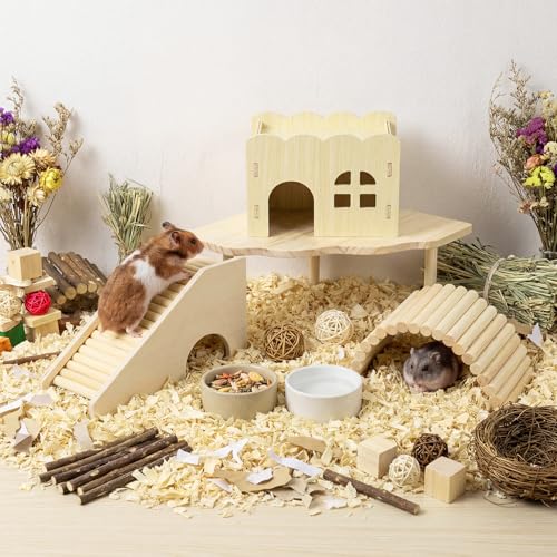 BreezeHug 4 Pcs Hamster Cage Accessories Hamster Platform Hideout Wooden Tunnel Ladder Playhouse Game Climbing Toy with Platform for Pets Dwarf Syrian Mice Degus Gerbils Squirrel(Wave) - style: Wave