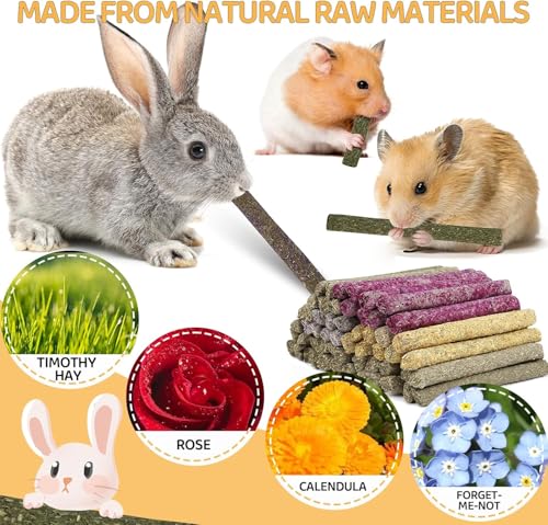 208Pcs Rabbit Chew Sticks, Guinea Pig Toys, Natural Timothy Hay Teeth Stick | Rabbit Bunny Chew Sticks Toys for Teeth Mixing Flowers, Roses, Calendula and Forget Me Not, Small Animals Treats - size: 208Pack-Set