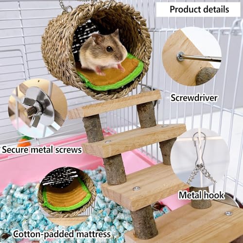 Hamiledyi Hamster Climbing Toys Wood Hanging Hammock Ladder Set Toys Cage Accessories for Syrian Hamster Gerbil Mice