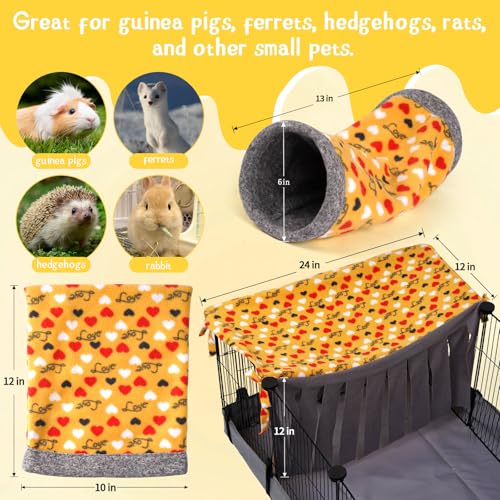 NAPLORD Small Pet Fleece Set,Guinea Pig Snuggle Sack, Tunnel,Fleece Forest Hideout,Square and Round Potty Pads for Guinea Pigs and More - color: Yellow, size: 3-piece set