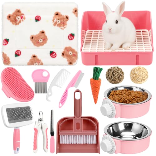 Reallnaive 15 Pcs Rabbit Starter Kit Small Rabbit Litter Box Girls Gift Animal Grooming Kit Bunny Toys Bowl Blankets with Cleaning Set for Guinea Pig Accessories (Bright Pink‌) - color: Bright Pink‌