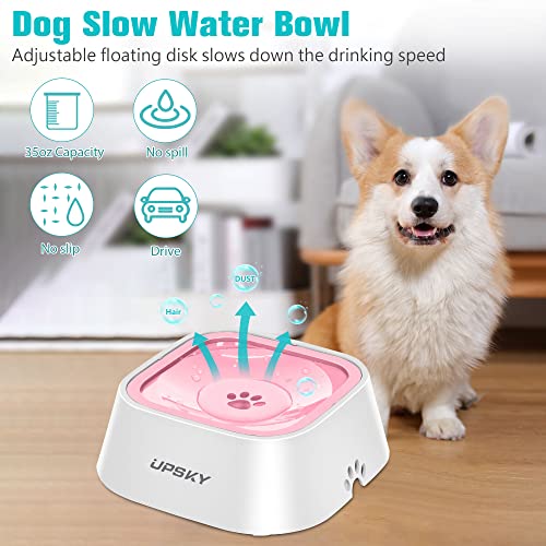 UPSKY 35oz No-Spill Pet Water Bowl, Slow Water Feeder for Dogs and Cats | Splash-Proof Bowls, Slow Drinking Pet Dish, Easy-Clean Dishwasher Safe, Portable For Travel - color: Pink