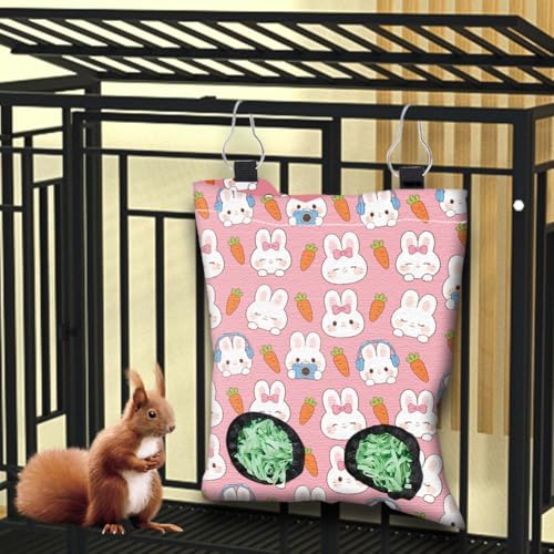 2Pcs 2 Styles Hanging Rabbit Hay Feeder Bag 11.6 x 9.1 Inch Bunny Hay Feeder Pink Blue Cute Cartoon Design Cloth Washable Feeding Holders with 2 Holes for Guinea Pig Chinchillas Hamsters - color: Rabbit