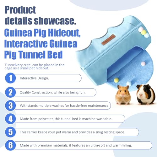 Guinea Pig Hideout Tunnel Bed, Soft Fleece Small Animal House and Hide-Away for Hamsters, Sugar Gliders, and Ferrets, Machine Washable Cozy Cage Accessories for Napping and Playing, Blue