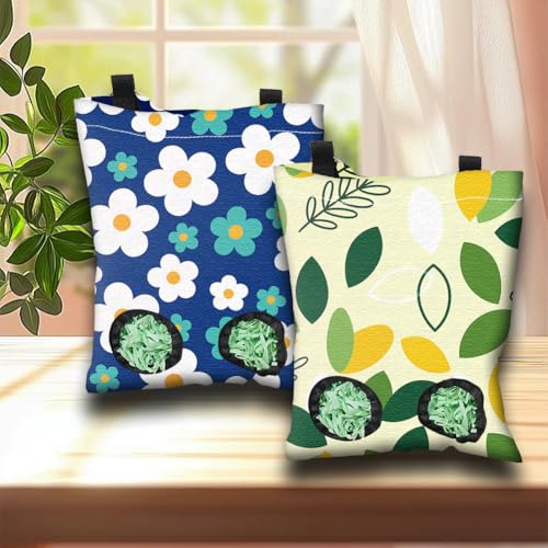 2Pcs 2 Styles Rabbit Hay Bag Feeder for Guinea Pigs Chinchillas 11.6 x 9.1 Inch Hanging Hay Holder with 2 Holes Flowers Leaves Cloth Washable Small Animal Feeding Storage Cage Accessories - color: Flower