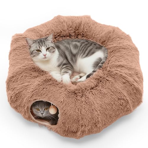 DUMOS Cat Tunnel Bed for Indoor Cats, Cave Donut Play Tunnel, Brown | Soft Plush Peekaboo, Washable Circle Cushion, Multifunctional Playground Under Tree Toys for Kittens, Puppy, Rabbit, Ferret - color: Plushy Brown