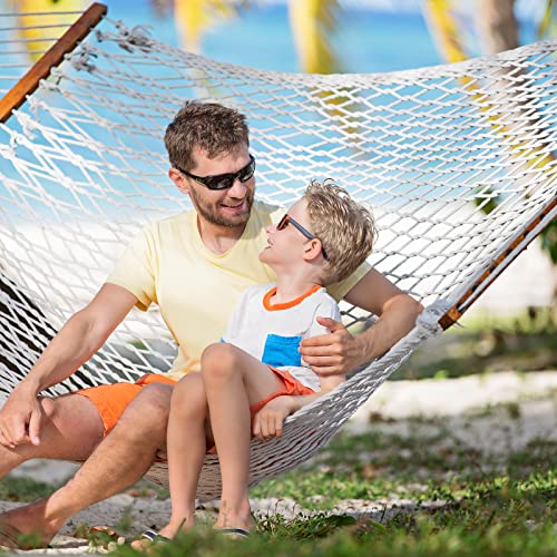GAFETE Rope Hammock 2 Person Traditional Hand Woven Outdoor Cotton Hammocks with Hardwood Spreader Bar, Max 450 lbs Capacity (Natural Beige, Large) - color: Natural Beige, size: Large