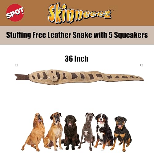 SPOT Skinneeez Leather Snake – 36" Stuffing-Free Dog Toy with Real Leather & 5 Squeakers, Tug Toy for Light to Moderate Chewers, Ideal for Large & XL Dogs - size: 36 Inch