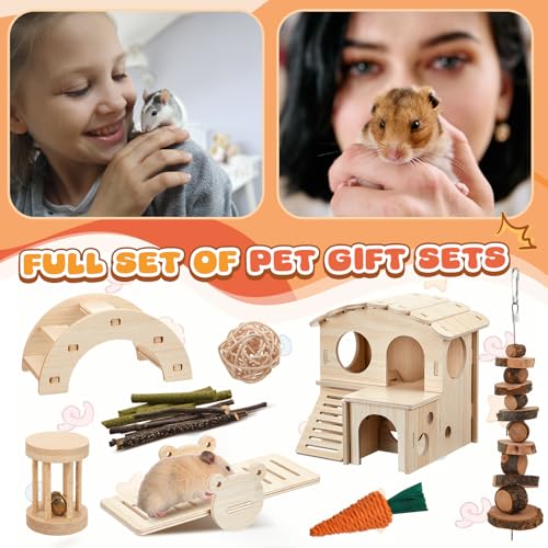 8 Pcs Hamster Cage Accessories Hamster Starter Kit with Maze Wood House, Bridge, Seesaw, Chew Toys Set for Gerbils and Mice Small Animals Habitat Supplies(Fun Villa) - style: Fun Villa