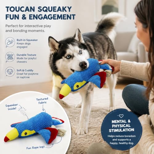 Dog Squeaky Toy Plush Toucan Dog Chew Toy with Knotted Rope Tassels, Teething Interactive Tug Toy for Puppies & All Dog Breeds - color: Blue Bird