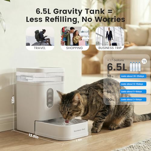 Gardner Pet 1.7 Gallon Automatic Dog Water Bowl Dispenser 6.5L Gravity Water Feeder with Stainless Steel Bowl & Maifan Stone Filter, BPA-Free for for Cats and Dogs (White, 1.7 Gallon) - color: White, size: 1.7 Gallon