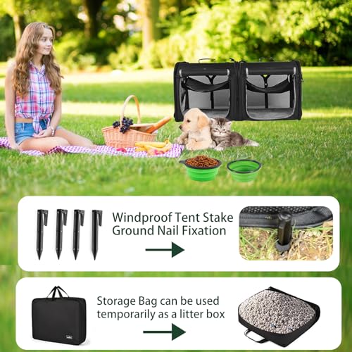 Wakytu 2-in-1 Pet Carrier for Cats & Dog, Travel Carrier for Camping | Extra-large fits 2 cats up to 25lbs each, includes 2 hammocks, carry bag, bowls & stakes. Car seatbelt pass-through