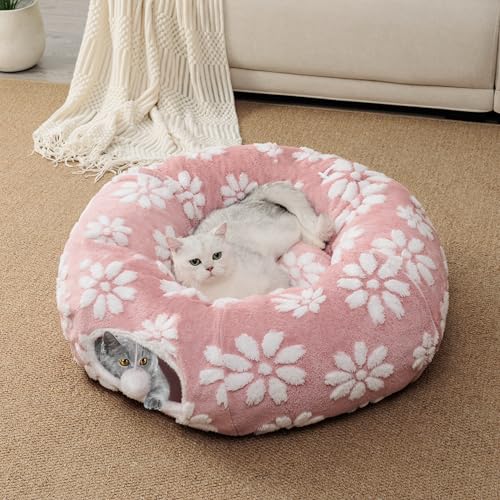Cute Round Cat Tunnel for Indoor Cats, Pink | Peekaboo Cat Cave with Dangling Balls, Pet Donut Tunnel Bed with Circle Mat for Puppy Kitten Rabbit - color: Pink Flower, size: Round