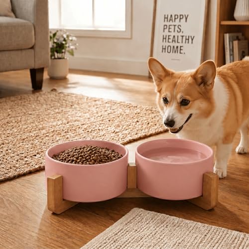 SPUNKYJUNKY Ceramic Dog and Cat Bowl with Wood Stand Non-Slip Matte Glaze Weighted Food Water Set for Cat Medium Dog 28.7 OZ - color: Pink × 2, size: 3.6 cups