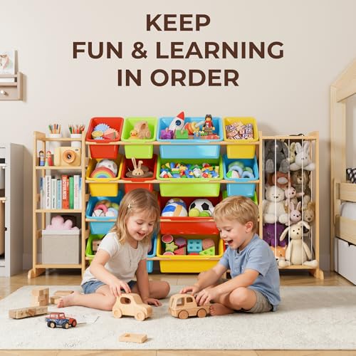 Toy Storage Organizer with Bookshelf and Stuffed Animal Storage - Playroom Organization with Shelves and 16 Bins - Living Room Box for Lego - Nursery Bedroom Decor Essential - color: multicolored, size: 67"W,3 Shelves,16 Bins