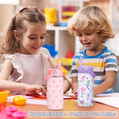 SANDJEST Kids Water Bottle with Straw Lid, Pack of 2 Insulated 12 Oz Stainless Steel Water Bottles for Girls, Travel Cup for School Sports, Bow - Mermaid - color: Bow - Mermaid (Pack 2)