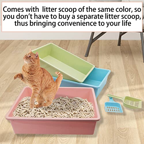 Kathson 3PCS Medium Open Cat Litter Box with Scoop, Durable Non-Stick Plastic Litter Pan for Cats, Puppies, Bunnies, and Small Animals, 15 x 11 x 4 Inches