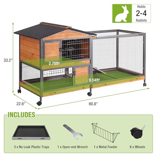 Gutinneen 2-Story Rabbit Hutch Indoor Bunny Cage Large Rabbit Cage Outdoor with Chew-Proof Full Metal Frame, Locking Wheels, 2 Pull-Out Trays for Rabbits, Guinea Pigs, Small Animals (Brown & Black)