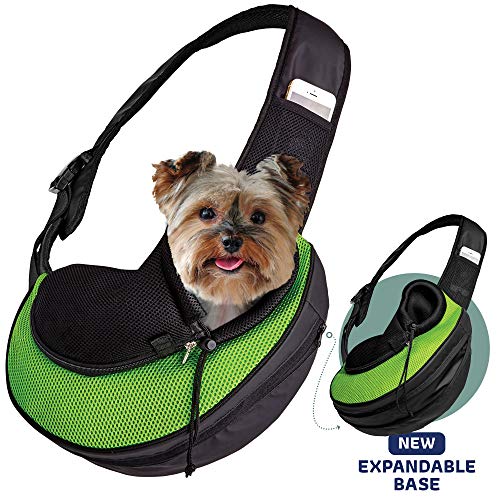 Expandable Pet Carrier Sling Bag - Small Dog, Puppy and Cat Carrier Front Shoulder Backpack w/Harness Strap - Carrying Pouch for ESA, Animal Travel - PU Leather Bottom, Mesh Pocket by Katziela (Green) - color: Green