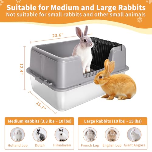 XXXL Rabbit Litter Box, 23.6" L x 15.7" W x 12.4" H Stainless Steel Rabbit Litter Box with Lid, Hay Feeder with Hooks, Footed Metal Grid, Easy to Clean for Medium and Large Rabbits