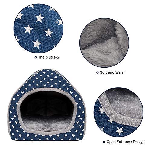 BWOGUE Guinea Pig Bed Hideout, Washable Hamster Cave for Small Animals | Removable Cushion for Cleaning, Warm Fleece Nest, Washable Bed, 10.23 x 10.23 x 11 in, Dwarf Rabbits Hedgehogs - color: Blue