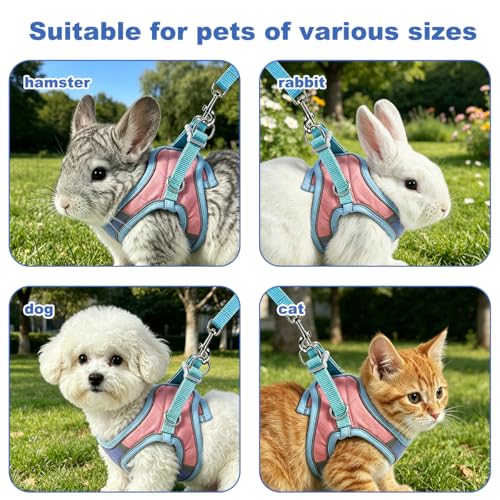 Bunny Harness and Leash Set Double Buckle | Soft Rabbit Harnesses with Carrot | Adjustable Reflective Strips Jacket Escape-Proof Vest for Puppy Guinea Pigs Pet Ferret Walking(Blue-Pink-M) - color: Blue-pink, size: M