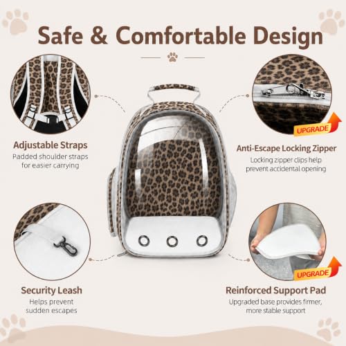 Expandable Cat Carrier Backpack with Bubble Window, Animal Print | Breathable mesh, anti-collapse frame, side door, safety leash and escape-resistant zippers for vet visits and outdoor travel. - color: Leopard Print