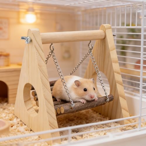 Wooden Hamster Platform Hamster Cage Accessories Gerbil Toys Guinea Pig Ramp, Climbing Toys for Dwarf Syrian Hamster Gerbil Rat Mice Degus or Other Small Pets, 8.66 x 8.66 x 5.12 Inch (Wood)