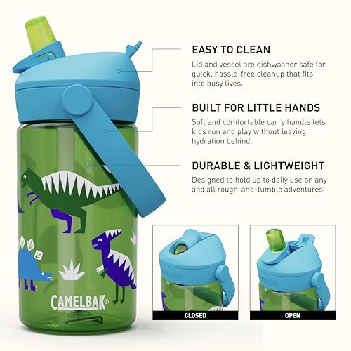 CamelBak Thrive Flip Straw Kids Water Bottle with Bite Valve, Tritan Renew Design for School and Travel, 14oz, Hip Dinos - color: Hip Dinos