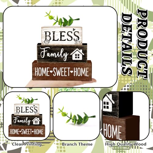 Tiered Tray Decor Set, 4 Pcs, Wooden, for Home Kitchen, Eucalyptus | Leaves Sweet Home, Farmhouse Rustic Summer Coffee Table Centerpieces Office Decorations - style: Leaf
