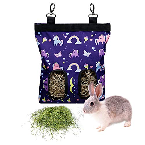 Rabbit Hay Feeder Bag Hanging Hay Rack (Pattern Purple,2 Windows) | Guinea Pigs Manger Holder Dispenser Small Animal Feeder Storage Pouch for Bunny Chinchilla Hamster - color: Pattern Purple