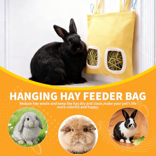 2 Pack Rabbit Guinea Pig Hay Feeder, Cute Bunny Hay Bag, Hanging Hay Holder for Guinea Pig Cage, Hay Feeder for Rabbits Chinchillas Hamsters Small Pets and Animals (Yellow & Green)