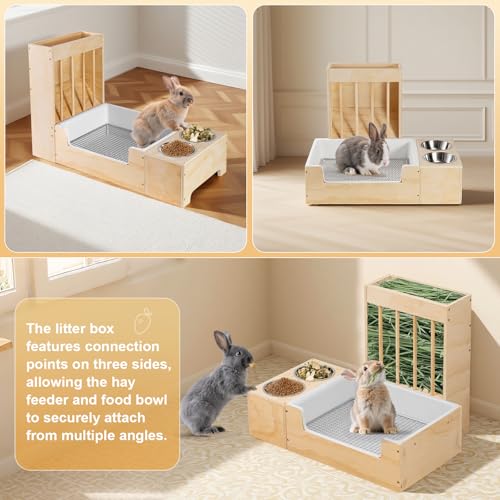 Extra-Large 3 in 1 Rabbit Litter Box with Hay Feeder and Bowls Set, Wood, Mess Proof, for Guinea Pigs, Chinchillas, Hamsters, and Rabbits