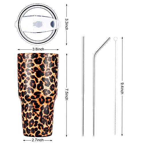 30oz Leopard Tumbler Stainless Steel Insulated Travel Mug with Straw Lid Cleaning Brush (30 oz Leopard), 1 Count (Pack of 1) | Double Wall Vacuum Suit Cold and Hot Drink Fits in standard car cup holders With Splash-Proof Lid - color: Leopard