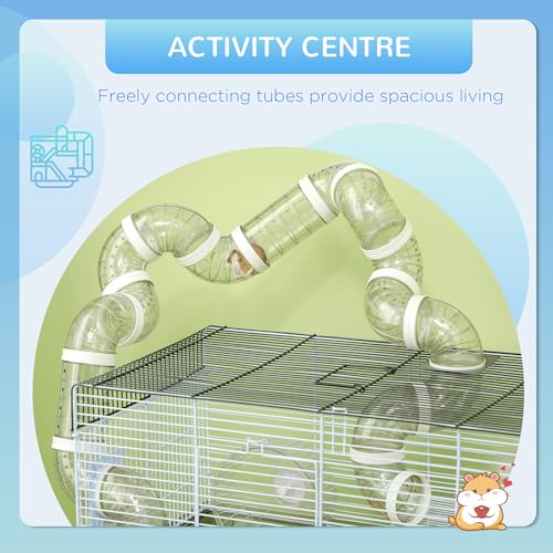 PawHut Hamster Cage, 2 Levels Gerbil Cage, Small Animal Cage for Dwarf Hamster with Tubes and Tunnels, Exercise Wheel, Food Dish, Water Bottle, Ramp, 23" x 13" x 12", Gray | Gerbil Habitat, Small Animal Cage, Tubes and Tunnels, Exercise Wheel, Food Dish,