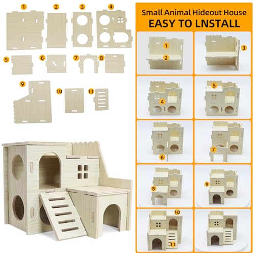 Hamster Hideout Tiny Maze Wood House with Slide (Pygmy Rats Only) | Hamster House and Habitat Wooden Hide Hut for Dwarf Gerbils Mouse Mice and Other Small Animals