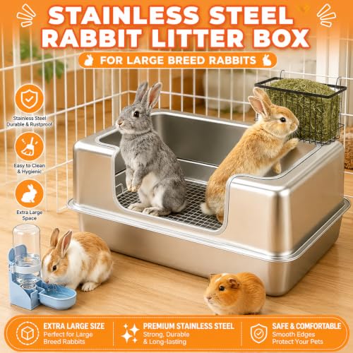 BWOGUE Extra Large Stainless Steel Rabbit Litter Box with Grid for Bunnies | Large Rabbit Litter Box, 23.6 x 15.7 x 11.2 in, High Sides, Removable Grid, Easy to Clean, Prevents Odors and Stains