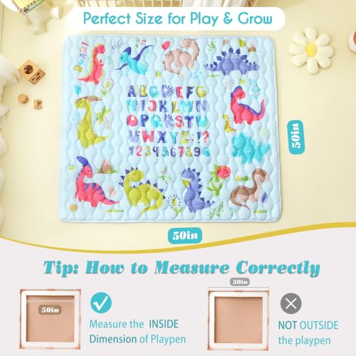 Viviland Baby Mats for Floor, 50x50 Inch Playpen Mat, Thick Cushioning Padding Playmat for Baby and Toddlers Infants, Non-Slip & Machine Washable, Blue Dino and Letters - color: Blue Dino and Letters, size: 50" X 50"