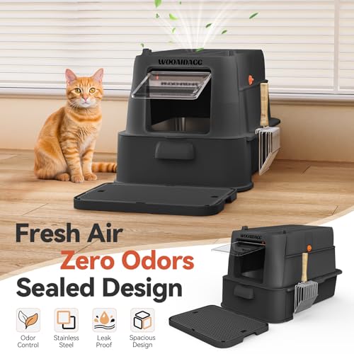 Wooaidagg Enclosed Stainless Steel Cat Litter Box with Odor Control, Modular Design with Drawer and Flip Door, Easy to Clean and Wash,Non-Stick Interior,Extra Large Size Fits All Cats(Black) - color: Black