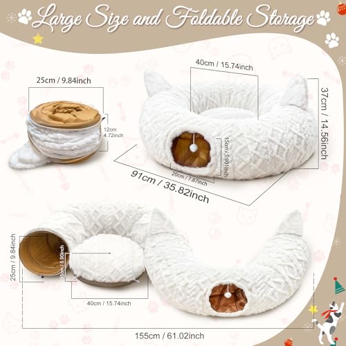 OurWarm Large Cat Tunnel Bed for Indoor Cats with Soft Cushion & Cat Toys, Round Under Tree Cats Donut Tunnel Christmas Tree Skirt, White Plush Pet Peekaboo Cave for Kitten/Puppy/Rabbit to Play - color: Grid