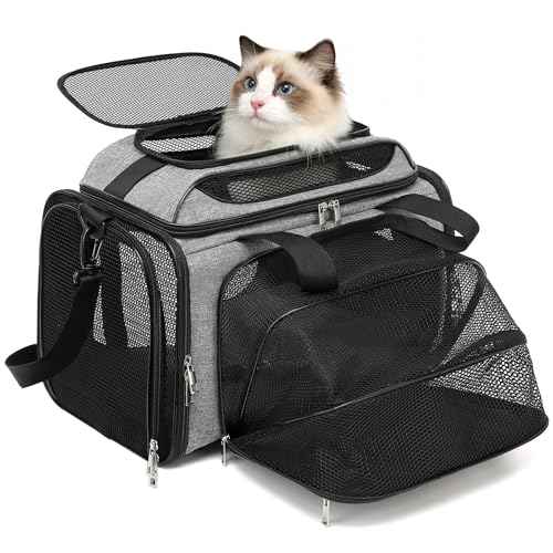 Airline Approved Travel Soft Carrier for Small cat/Dog/pet | Collapsible with Expandable Top and Sides. Kitten Mesh Puppy Carry Bag,18x11x11Delta/ United/American Airlines - color: grey