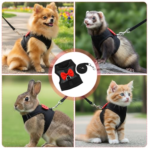 Rabbit Leash and Harness, Easily Adjustable Rabbit Harness and Leash Set for Small Animals, Rabbits Harness and Leashes for Proof Safely Walking Cute Bow Vest and Leashes, Black, Small