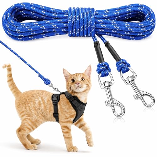 Reflective Cat Long Leash 15 FT, Outdoor Backyard Cat Tie Out Lead, Blue | Backyard Play, Reflective Nylon Rope, Dual 360° Swivel Hooks, Lightweight Cat Tie Out,Blue S, Small Pets - color: Blue, size: 15 FT