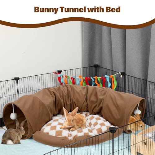 BWOGUE Bunny Tunnel Bed, Collapsible Rabbit Tunnel Hideout with Mat, Coffee | Removable Mat for Washing, Ball Toy for Play, Tunnel Tubes for Hiding, Soft Suede Fabric, Cats Rabbits Guinea Pigs - color: Coffee