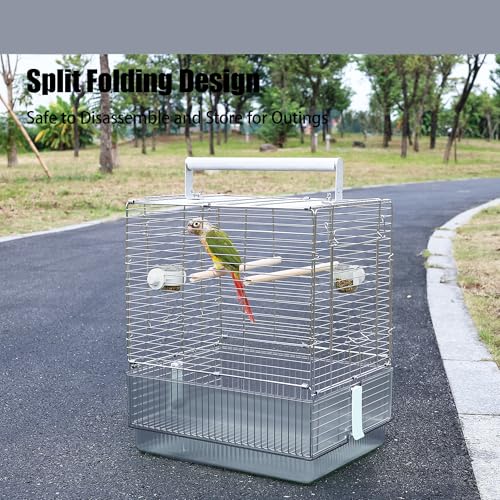 Stainless Steel Travel Bird Cage, 304 Portable Foldable Carrier for Parrots, Conures, Cockatiels, Parakeets – 17 Inch Large Birdcage with Aluminum Handle & Perch(Blue, Large Birdcage) - color: blue