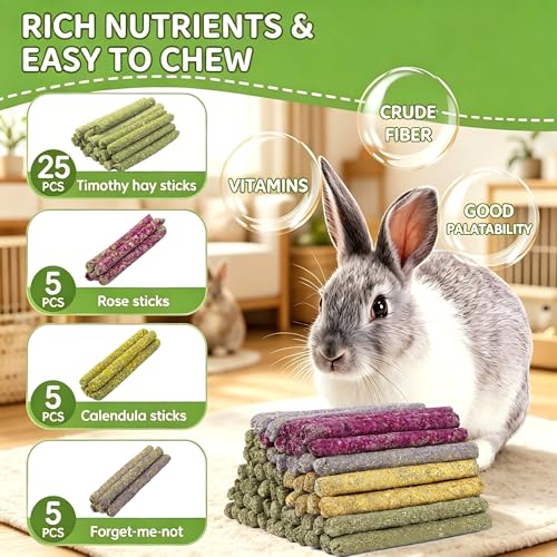 40 Pcs Natural Rabbit Chew Sticks Timothy Hay Sticks Mixing Flowers, Roses, Calendula and Forget Me Not Flowers Organic Treats for Guinea Pigs, Chinchillas, Hamsters Dental Health & Digestion