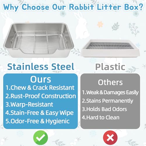 BWOGUE Extra Large Stainless Steel Rabbit Litter Box, Bunny Litter Box Pan | Large Rabbit Litter Box, Steel Grid with Sifting Tray, Low Entry Potty Pan, Easy to Clean, Helps Control Odor, Rabbits - size: XL:23.6in ×15.7in × 5.9inches