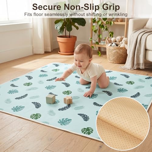 Basumee Splat Mat for Under High Chair, Waterproof & Mess-Proof Floor Mat | 46"×42" Baby Splash Mat, Non Slip Bottom, 4-Layer Fabric, Food & Liquid Catcher, Machine Wash for Boy Girl, Meals, BLW, Craft - color: Blue Leaves, size: 46x42 Inches